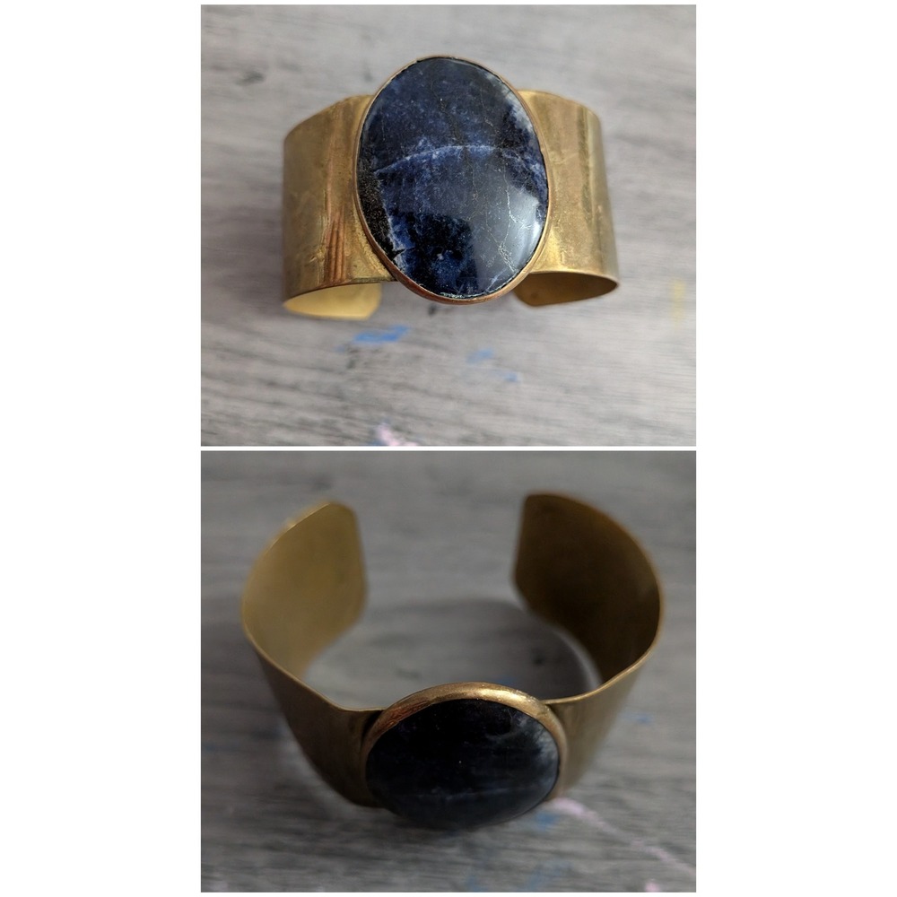 Vintage Brass Cuff Bracelet Blue Sodalite Stone Wide Hammered Boho Statement